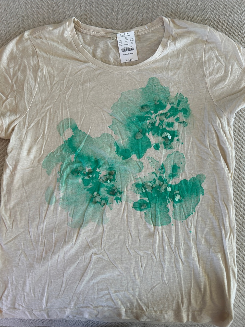 J. Crew Cream Tee with Teal Floral Watercolor Print